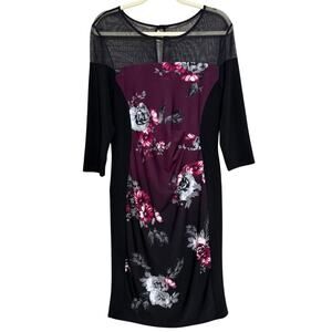 Joseph Ribkoff Illusion Yoke Sheath Dress Size 16 Black Purple Floral Knit